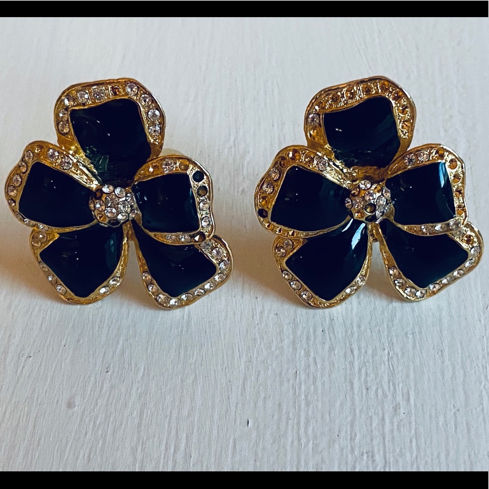 Black & Gold Rhinestone & Enamel Bow Clip Earrings